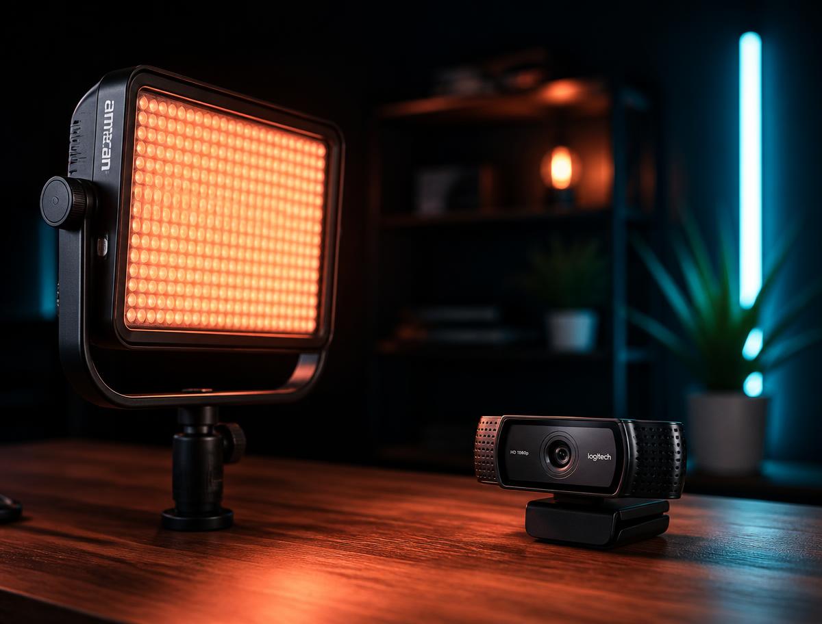 Professional panel light and webcam set up on a desk in a dark room
