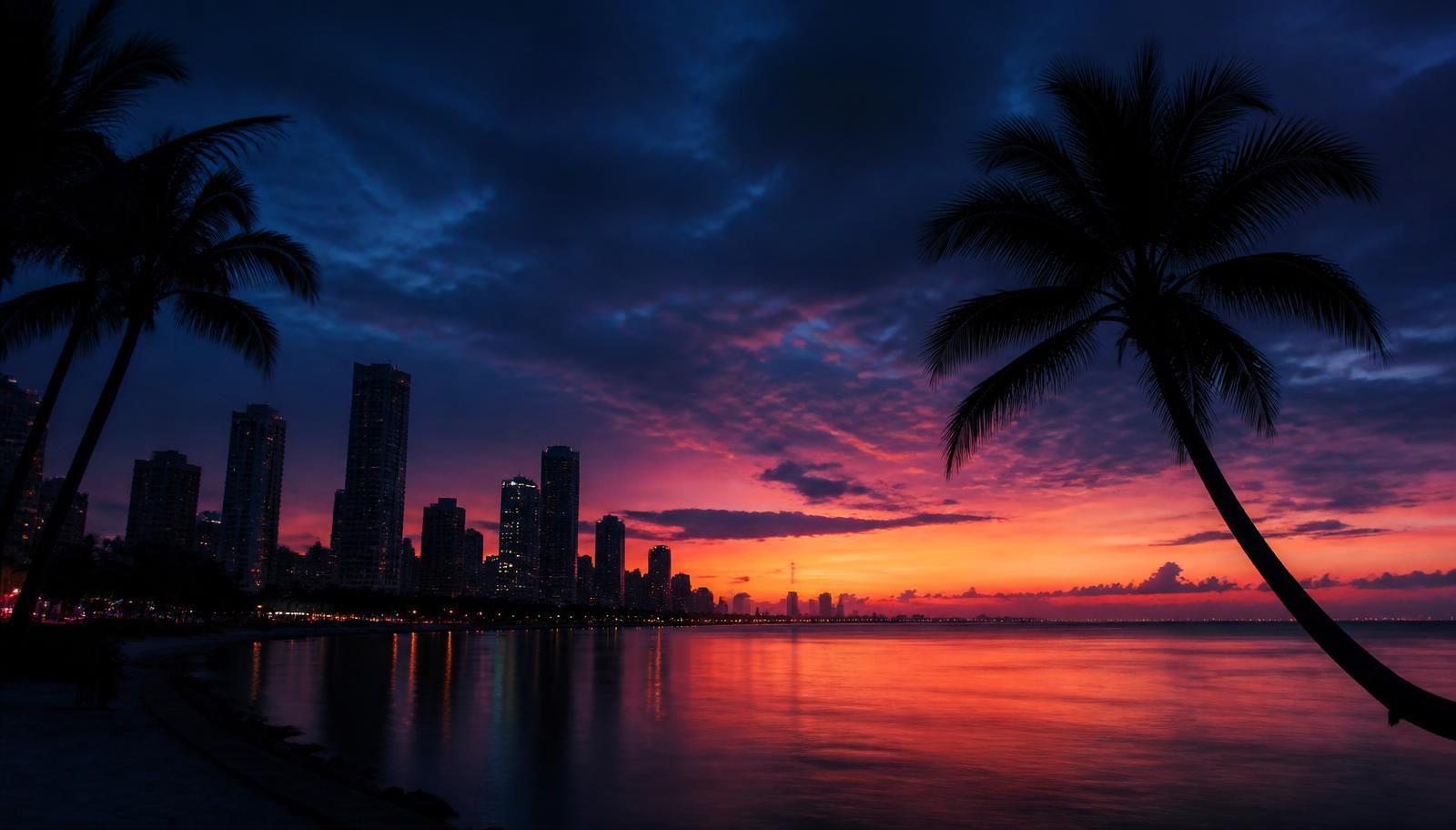 South Florida coastline at dusk with palm silhouettes and a distant city skyline